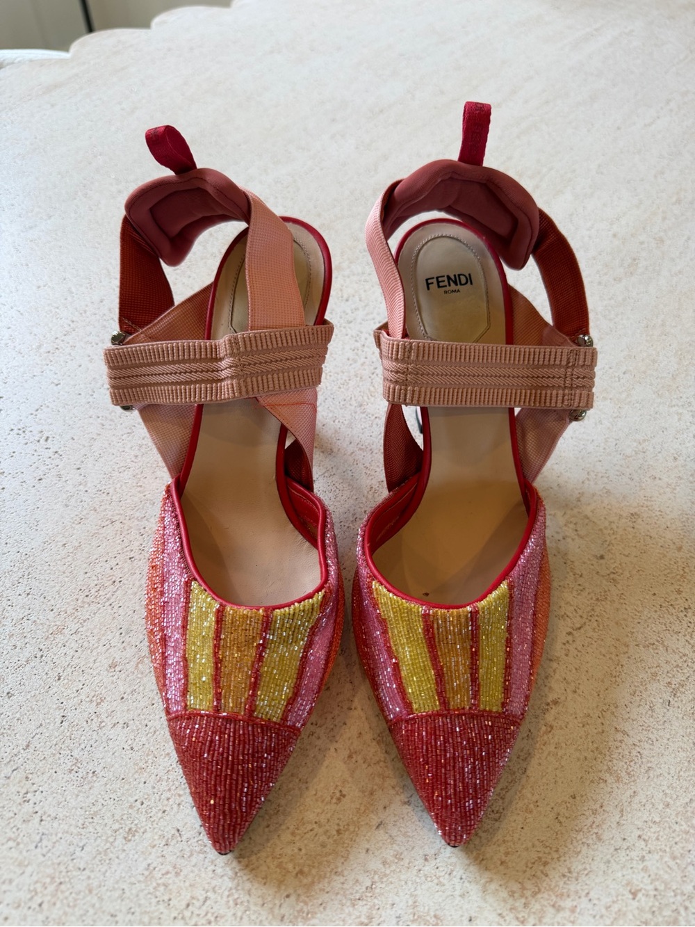 Fendi Pink, Red & Gold Beaded Pointed-Toe Slingbacks - Picture 4 of 12
